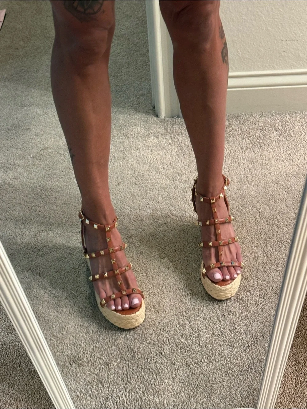 Valentino Tan Rockstud Espadrille Wedge Sandals